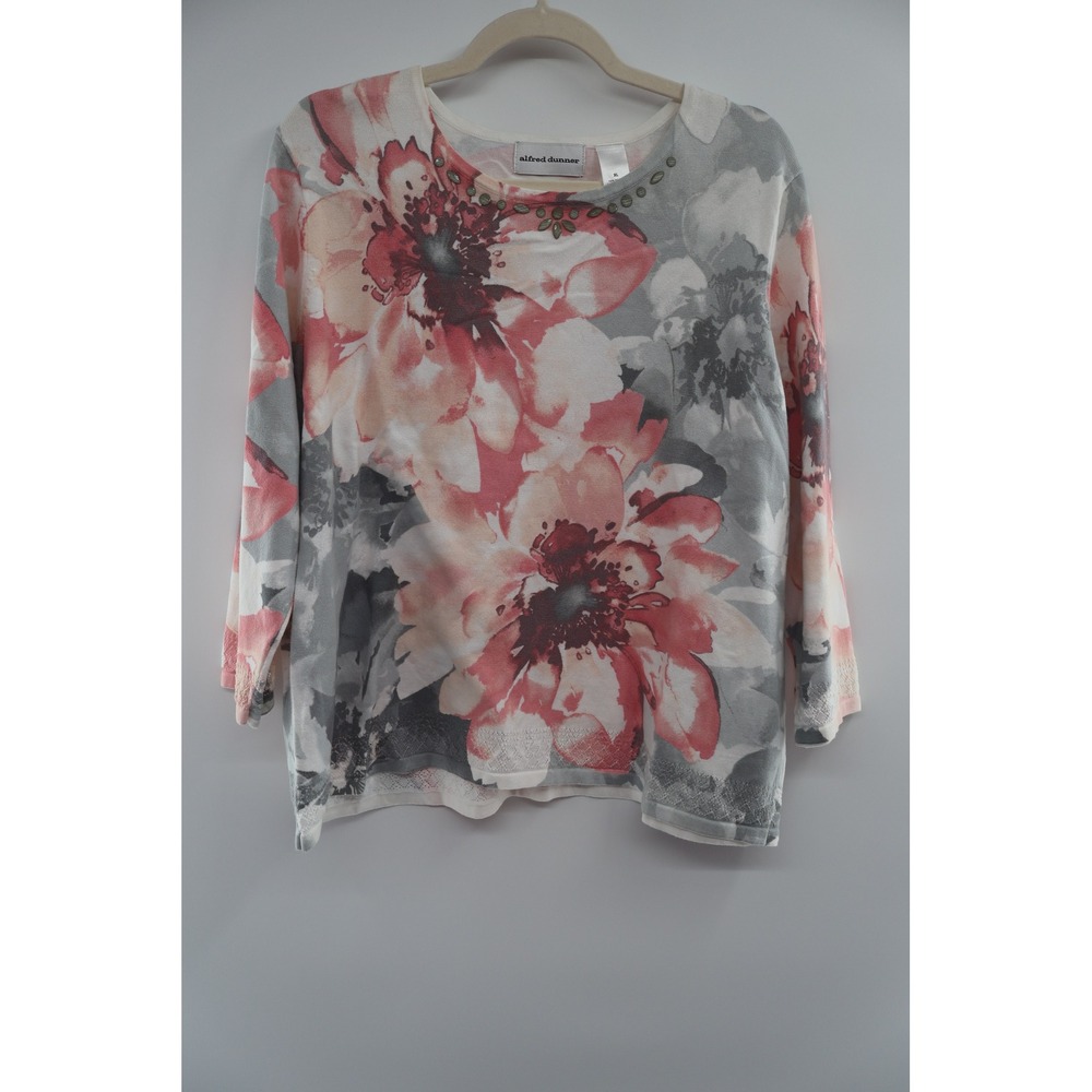 Alfred Dunner Top Womens XL Pink Gray Floral Cotton Embellished 3/4 Sleeve
